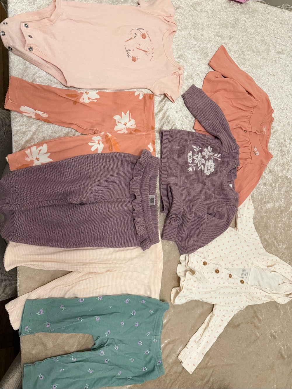 Baby Floral Knit Set and Mixed Bottoms - Pink, Coral, Mauve, Green